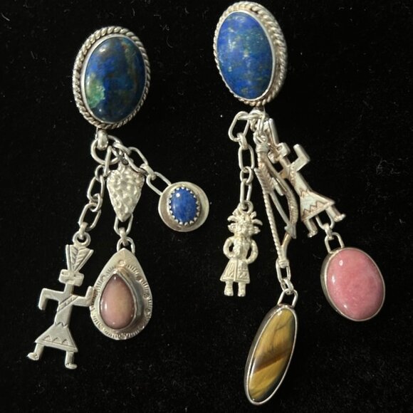 Native American sterling earrings w azurite/lapis/other stones - Picture 3 of 11